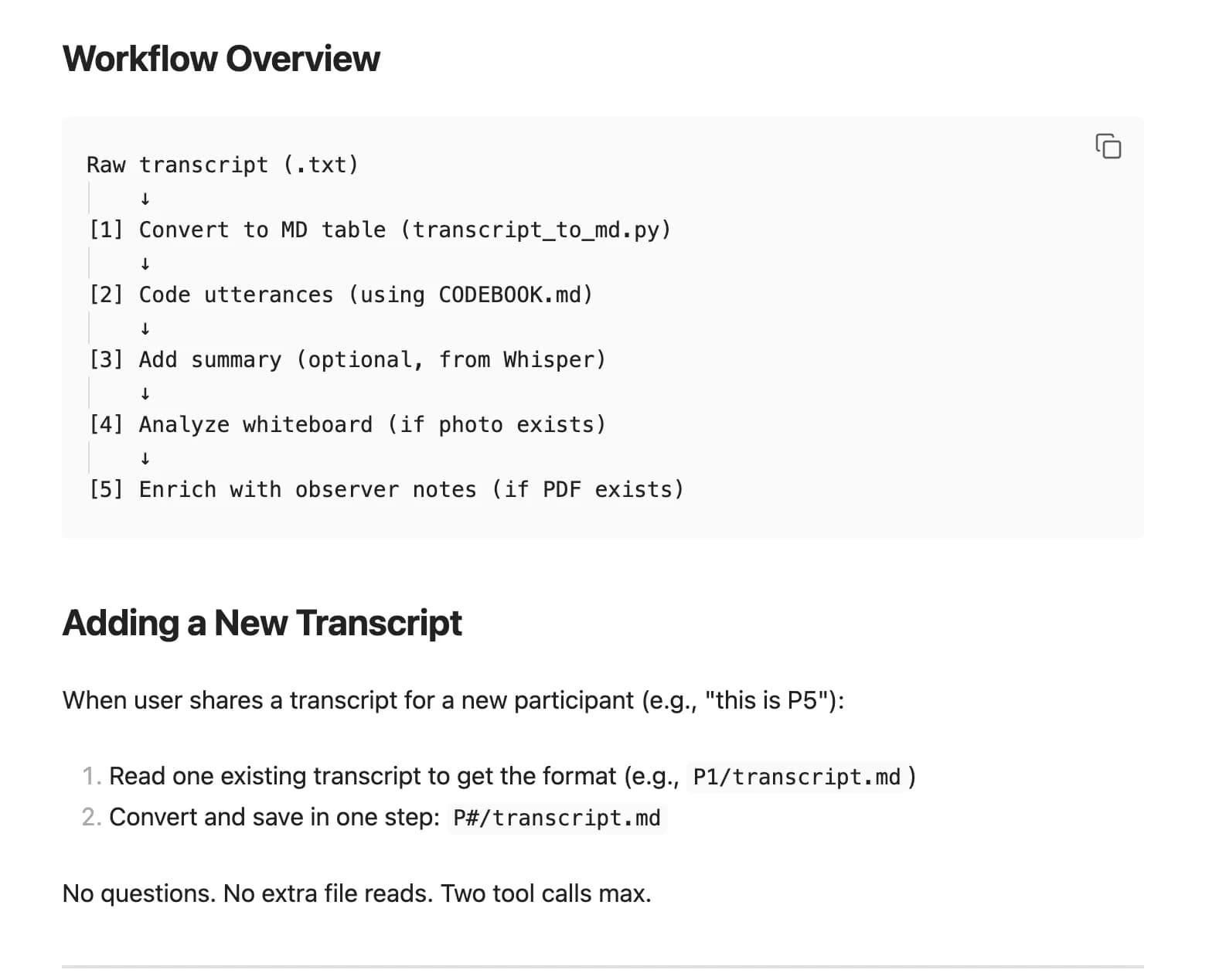 Custom transcript coding workflow built with Claude