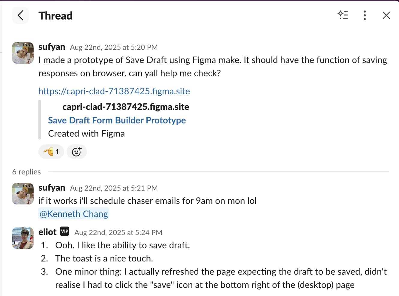 Slack thread showing team feedback on Figma Make prototype
