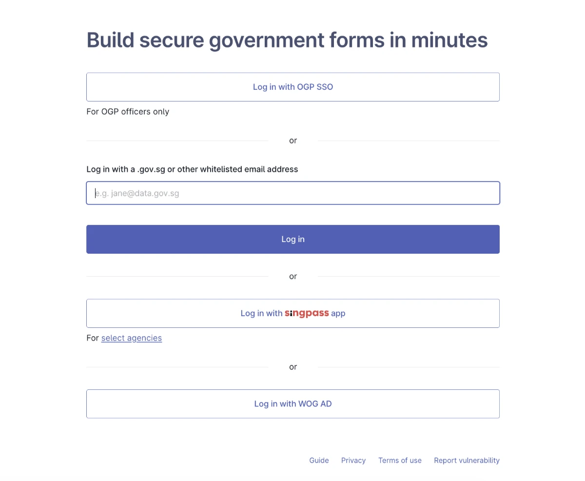 FormSG login page before: four buttons stacked vertically with OR between each