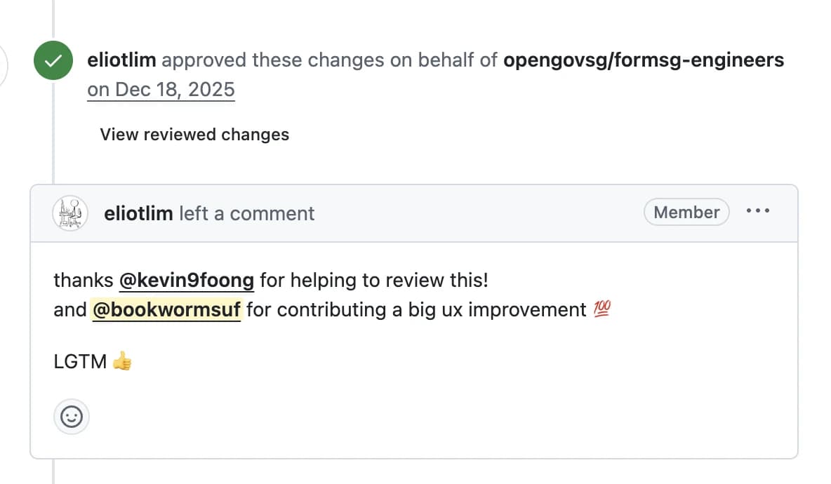 GitHub PR approval from FormSG engineers
