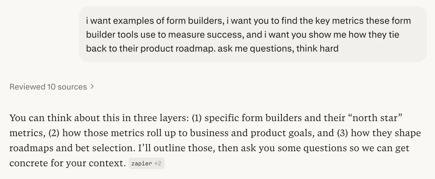 Perplexity conversation showing structured research approach for form builders
